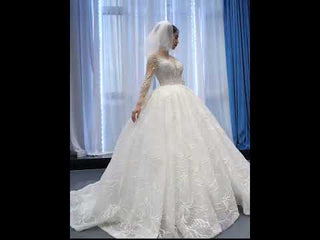 Long Sleeve Lace Puffy Wedding Dress Vintage Ball Gown