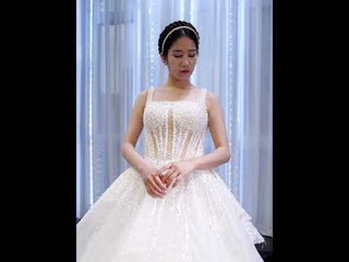 Vintage Beaded Glittery Pearl Ball Gown Wedding Dress with Square Neck