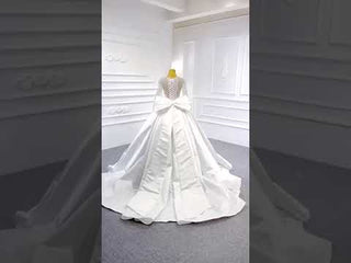 High  Back Long Sleeve Satin Ball Gown Wedding Dress with Long Bow