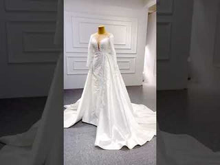 High Back Pearl Beaded Satin Long Sleeve Wedding Dress with Overskirt
