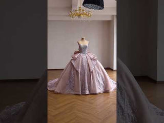 Blush Off Shoulder Sequin Ball Gown Quinceanera Dress with Dramatic Back Bow