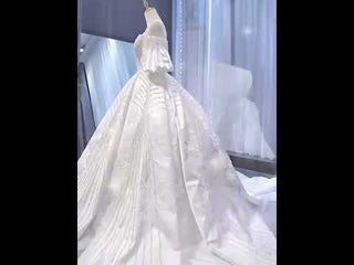 Luxury Beaded Sparkly Ball Gown Puffy Wedding Gown with Bishop Sleeve