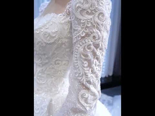 Vintage Beaded Lace Sheer Scoop Wedding Dress with Long Sleeves