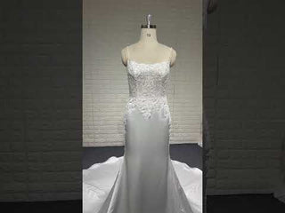 Classic Soft Satin Boat Neck Wedding Dress with Spaghetti Strap