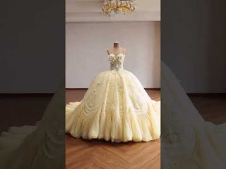 Pale Yellow 3D Floral Corset Ball Gown Quinceanera Dress with Detachable Puff Sleeves