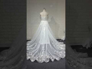 Elegant Floral Lace Appliqued A-line Wedding Dress with V-neck