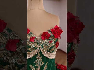 Red and Gold Floral Emerald Ball Gown for Non-Traditional Weddings or Royal Prom