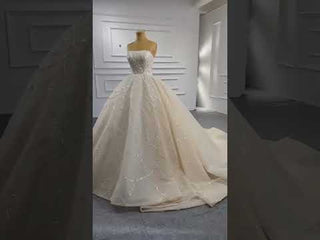 Strapless Beaded Champagne Ball Gown Wedding Dress