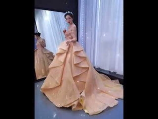 Beaded Ball Gown Long Sleeve Wedding Dress with Off the Shoulder