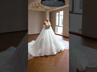 Sheer Bodice Ball Gown Wedding Dress with Cape Sleeves & Geometric Sequin Train