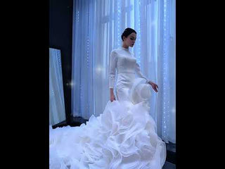 Elegant White Mermaid Ruffle Wedding Dress with Long Sleeves