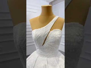 One Shoulder Ball Gown Wedding Dress Lace Appliqued Satin Bridal Gown