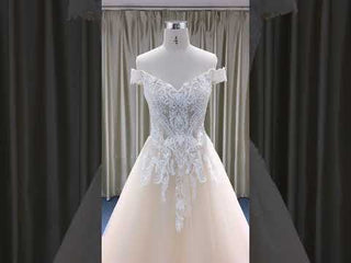 Off Shoulder V Neck and V Back A-line Wedding Dress Light Champagne