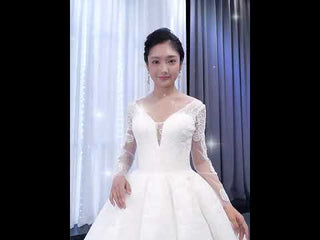 Tulle V-neck Long Sleeve Beading Wedding Dress Ball Gown