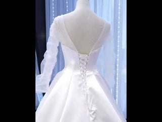 Simple Modest Satin Puffy Wedding Dress with Long Sleeves