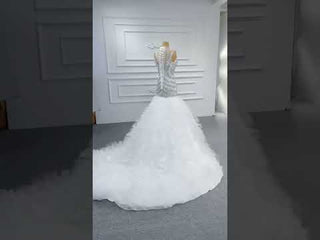 Beaded Mermaid Ruffle Wedding Dress High Neck Trumpet Bridal Gown