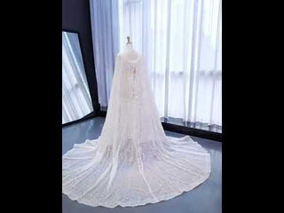 Luxury Beaded Cape Sleeve Sheath Wedding Dress with Feather