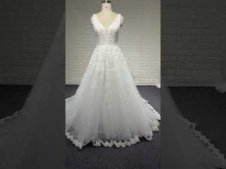 Classic Tank Sleeve A-line Lace Appliqued Wedding Dress with Vneck