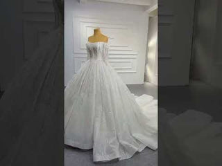 Beaded Pearl Off Shoulder Ball Gown Wedding Dress with Long Sleeve