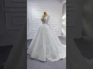 Long Sleeve Ball Gown V-neck Wedding Dress with Beaded Pearl