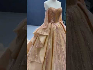 Beaded Ball Gown Long Sleeve Wedding Dress with Off the Shoulder