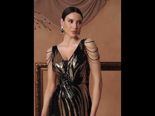 Black and Gold Sequin Evening Dress with V-neck and Sweep/Brush Train