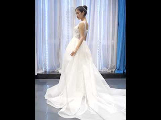 Square Neck Sparkly Lace A-line Wedding Dress with Leg Slit