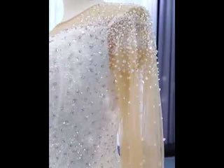 Sheer Long Sleeve Satin Ball Gown Wedding Dress with Sheer Neck