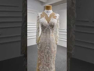 Mermaid Lace O-Neck Long Sleeve Wedding Dress With Detachable Train