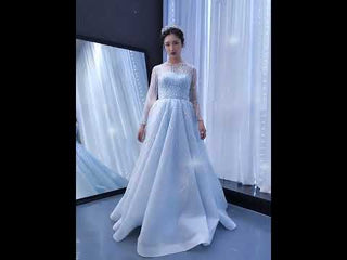 Beaded Baby Blue A-line Prom Dress Formal Gown with Long Sleeves