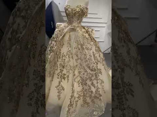 Vintage Gold Ball Gown Wedding Dress with Off the Shoulder