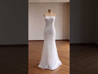 Luxury Pearl & Sequin Mermaid Wedding Dress with Detachable 3D Floral Overskirt Train