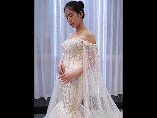 Mermaid's Pearl Elegance Cape Wedding Gown with Sequin Embroidery