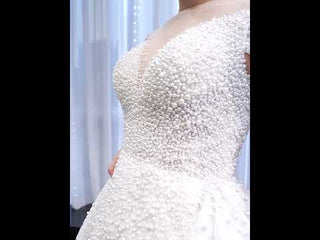 Luxury Beaded Pearl Sheer High Neck Wedding Dress with Removable Sleeves