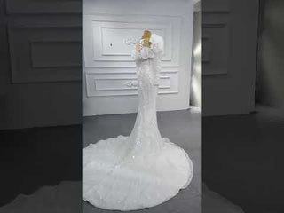 Pearl Beaded Mermaid Ruffle Wedding Dress with Long Sleeve