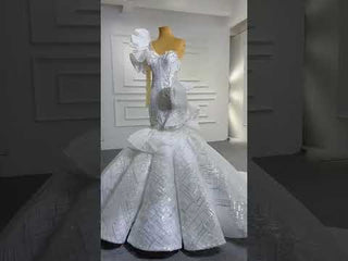 Luxury Beaded Mermaid Wedding Dress with One Shoulder Long Sleeve