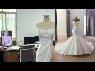 Luxury Strapless Bridal Gown Trumpet Wedding Dress with 3D Flower