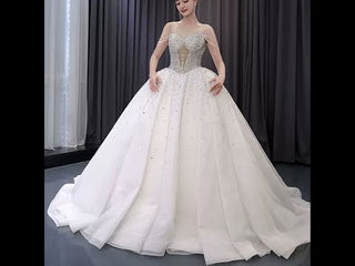 Sheer Square Collar Elegant Bridal Ball Gown Wedding Dress