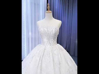 Beaded Strapless Lace Ball Gown Puffy Wedding Dress