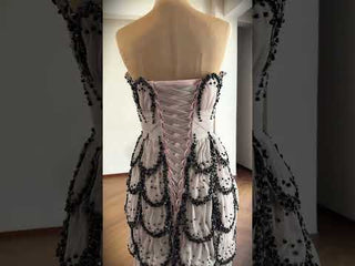 Lavender Gray Scalloped Mermaid Wedding Dress with Black Beaded Tiered Skirt