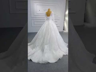 Tulle V-neck Long Sleeve Beading Wedding Dress Ball Gown