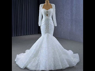 Stylish Queen-ann Neck Wedding Dress For Bride with Long Sleeve