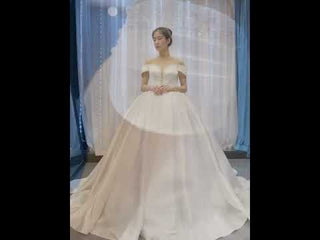 satin ball gown wedding dress with off the shoulder