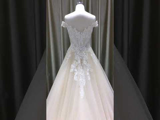 Off Shoulder V Neck and V Back A-line Wedding Dress Light Champagne