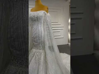 Mermaid's Pearl Elegance Cape Wedding Gown with Sequin Embroidery