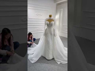 Long Sleeve High O Neck Pearl Wedding Dress with Overskirt