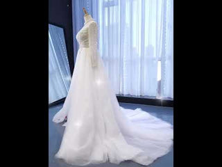 Mock Neck Pearl Beaded Overskirt Wedding Dress with One Shoulder Sleeve