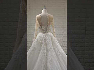 Wedding Dress with Shimmering Vertical Embroidery Meets Lace-Bordered Scalloped Train