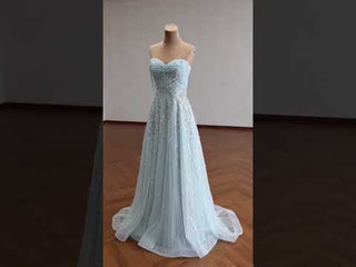 Ice Blue Strapless Sweetheart Beaded A-Line Evening Gown with Radiating Pearl Detail & Beaded Fringe