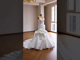 Strapless Satin Mermaid Wedding Dress with 3D Rose Appliqués & Ruffle Train